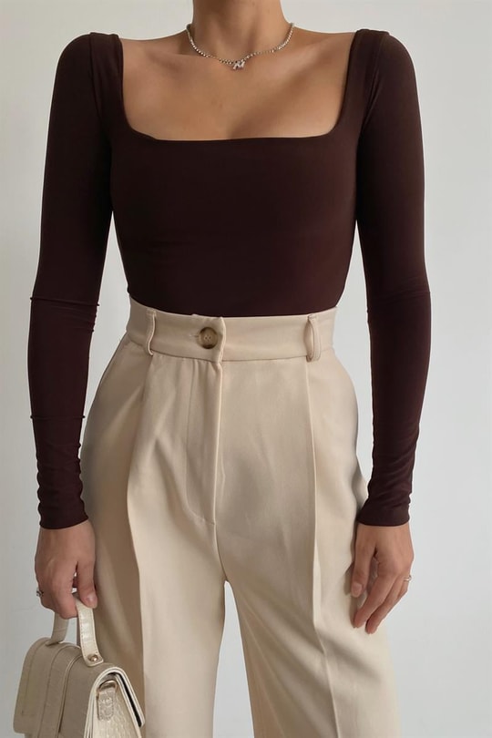 Kare Yaka Basic Bodysuit Acı Kahve