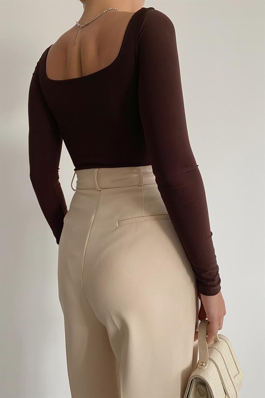 Kare Yaka Basic Bodysuit Acı Kahve