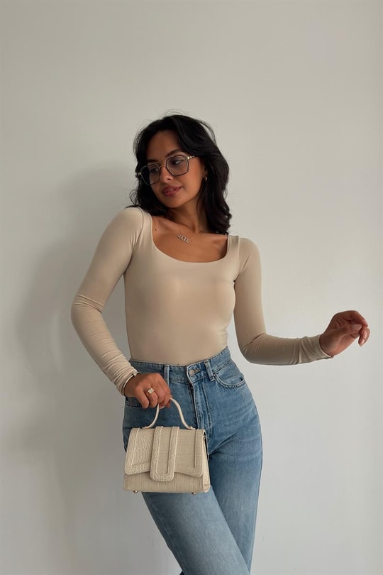 Kare Yaka Basic Bodysuit Bej