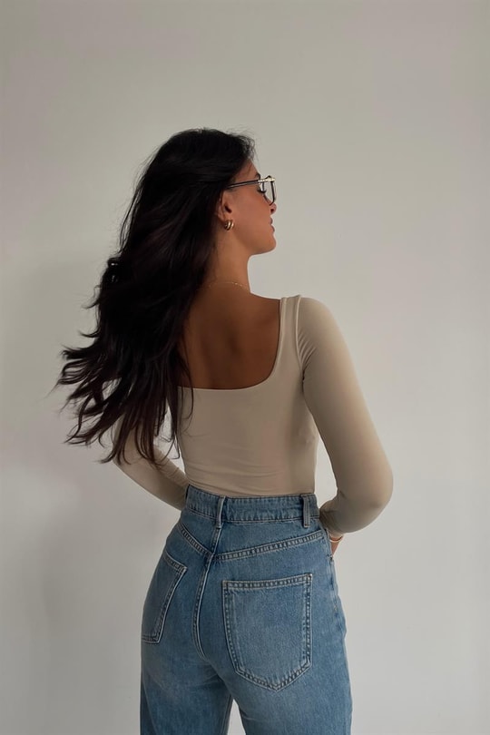 Kare Yaka Basic Bodysuit Bej