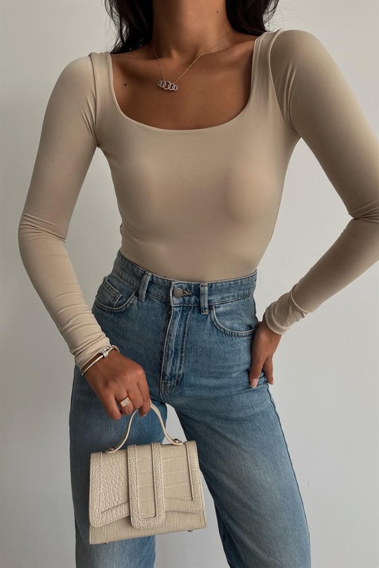 Kare Yaka Basic Bodysuit Bej