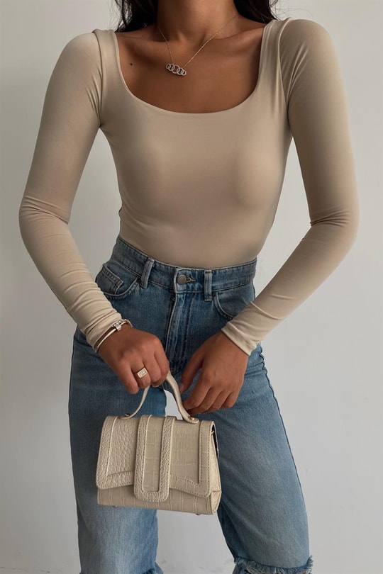 Kare Yaka Basic Bodysuit Bej
