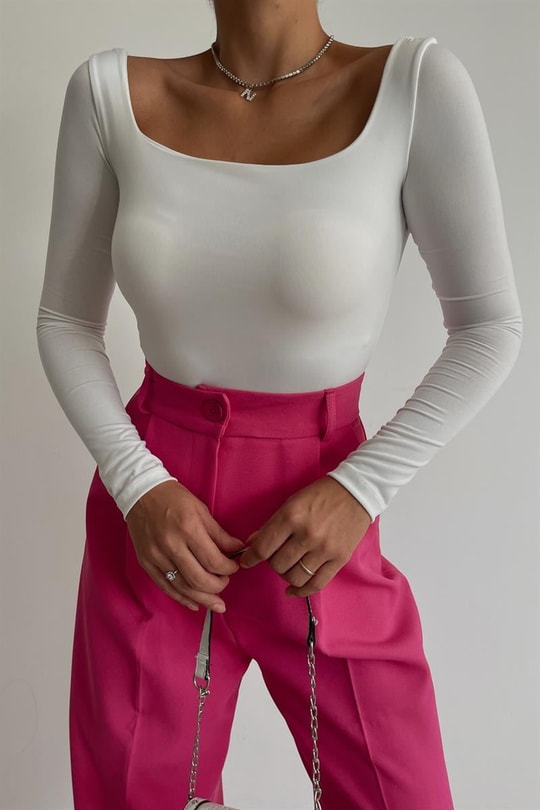 Kare Yaka Basic Bodysuit Beyaz