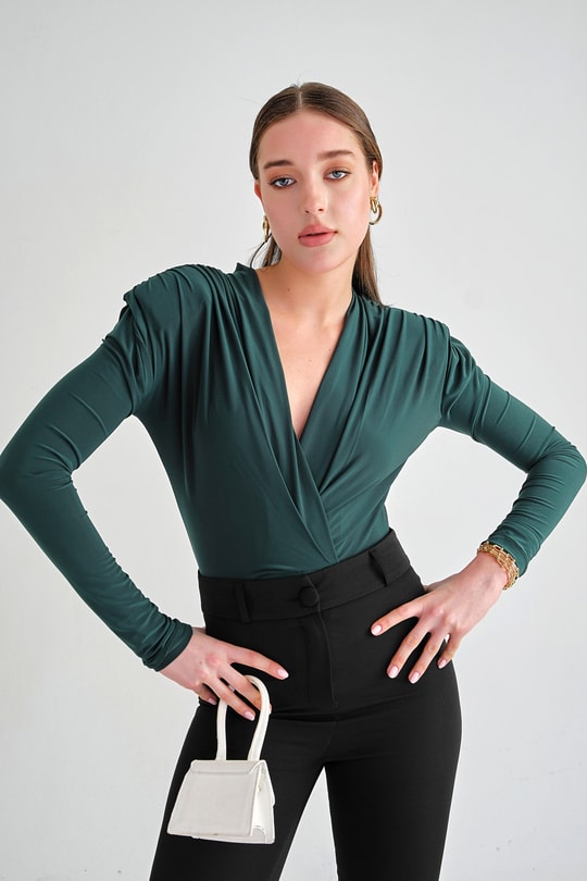 Kruvaze Vatkalı Bodysuit Haki