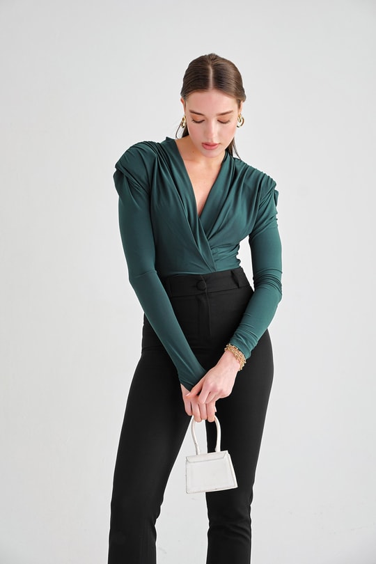 Kruvaze Vatkalı Bodysuit Haki