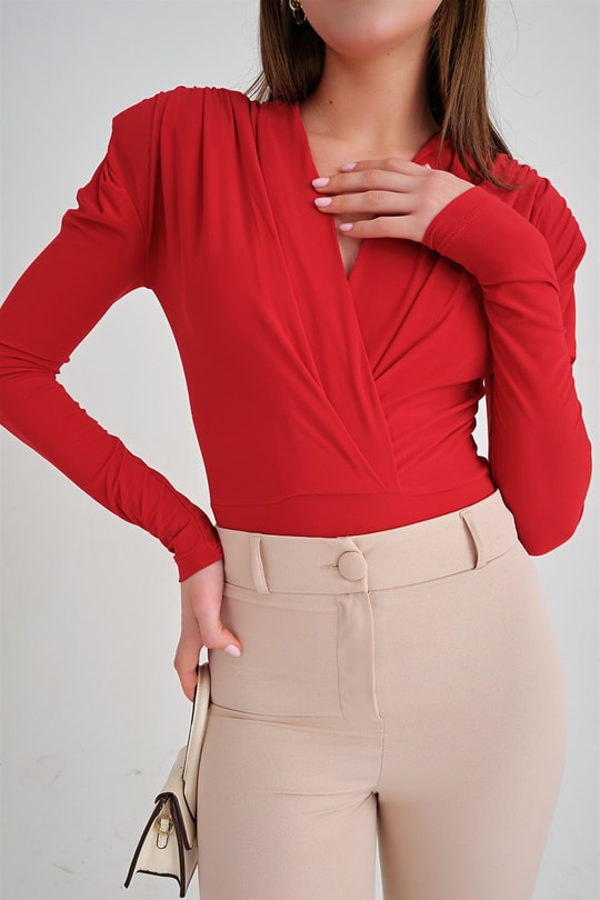 Kruvaze Vatkalı Bodysuit Kırmızı