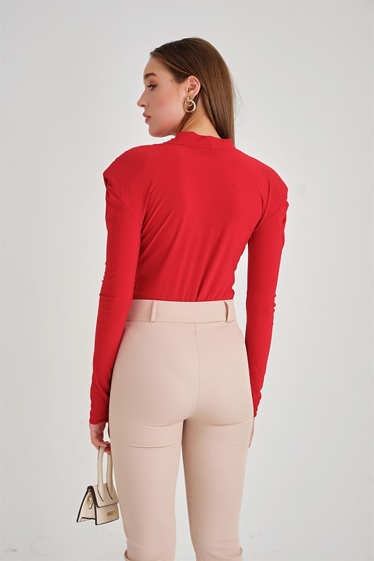 Kruvaze Vatkalı Bodysuit Kırmızı