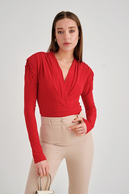 Kruvaze Vatkalı Bodysuit Kırmızı