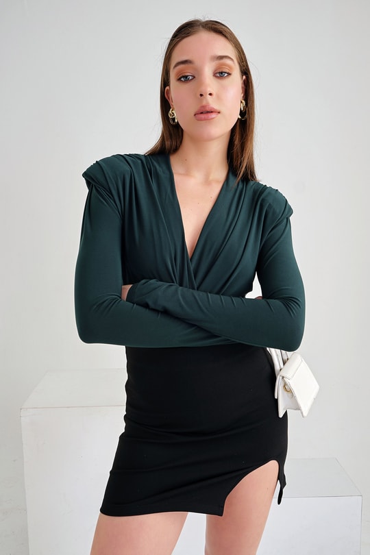 Kruvaze Vatkalı Bodysuit Petrol Yeşili