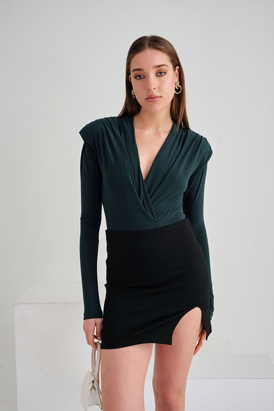 Kruvaze Vatkalı Bodysuit Petrol Yeşili