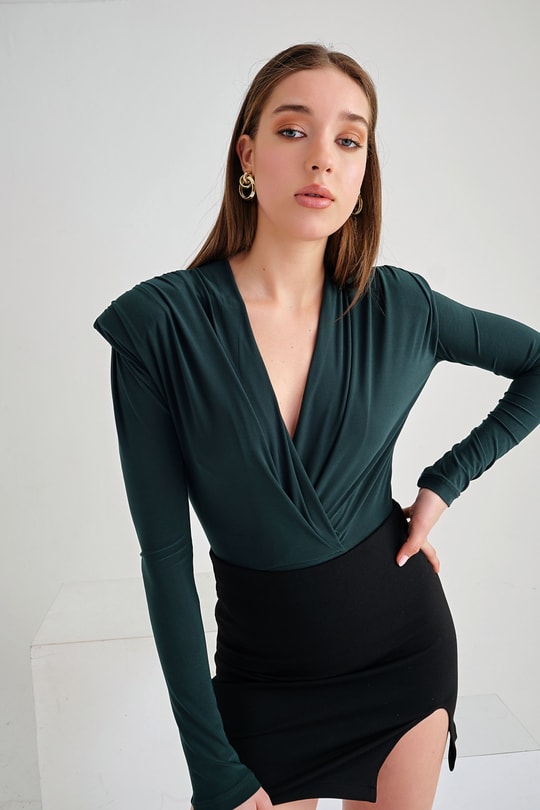 Kruvaze Vatkalı Bodysuit Petrol Yeşili
