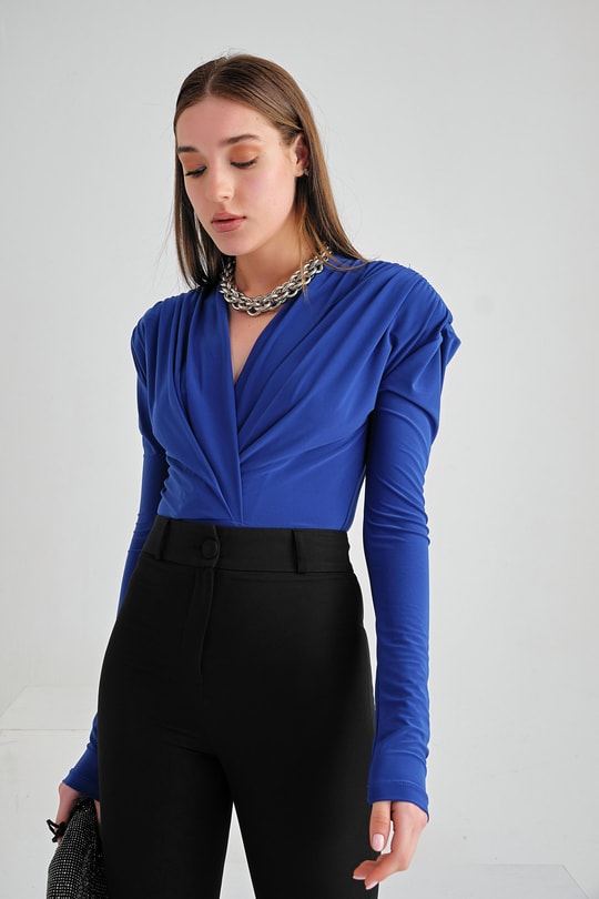 Kruvaze Vatkalı Bodysuit Saks Mavisi