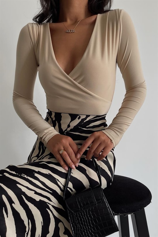 Kruvaze Yaka Cindy Bodysuit Bej