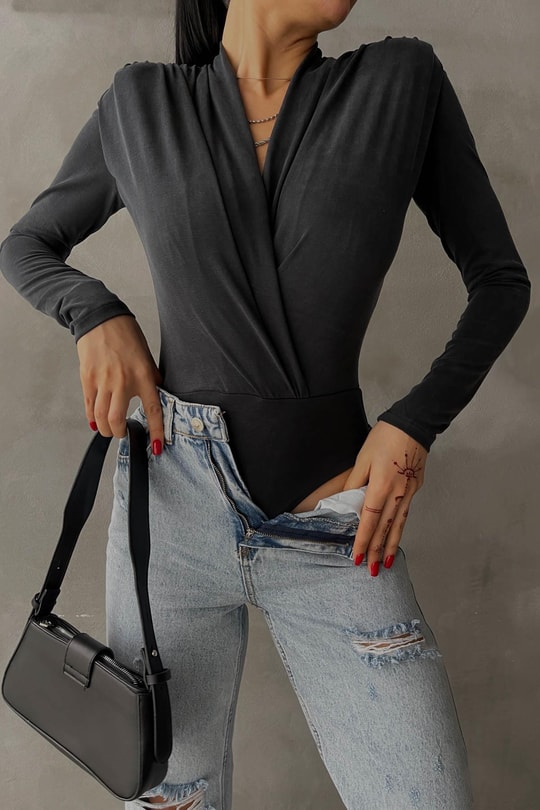 Omuz Vatkalı Kruvaze Bodysuit Füme
