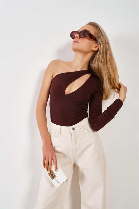 Tek Omuz Sandy Bodysuit Acı Kahve