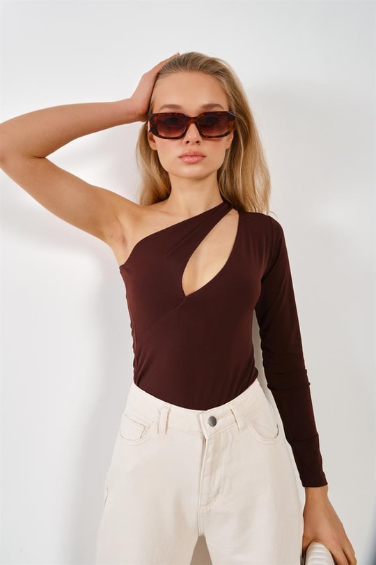 Tek Omuz Sandy Bodysuit Acı Kahve