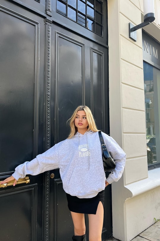 Boston Baskı Kapüşonlu Sweatshirt Gri Melanj