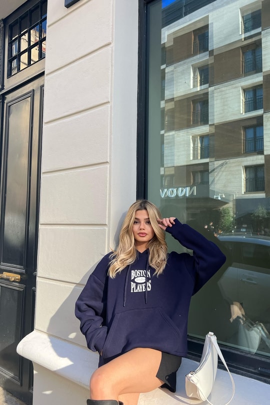 Boston Baskı Kapüşonlu Sweatshirt Lacivert