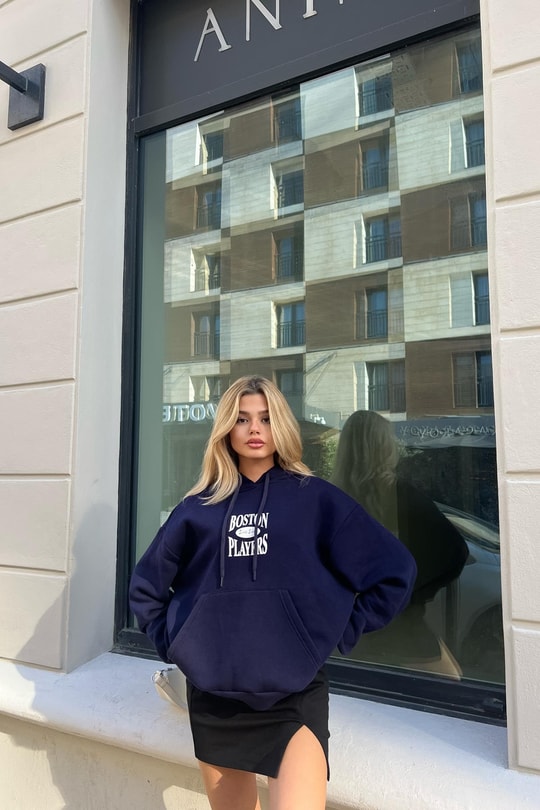 Boston Baskı Kapüşonlu Sweatshirt Lacivert