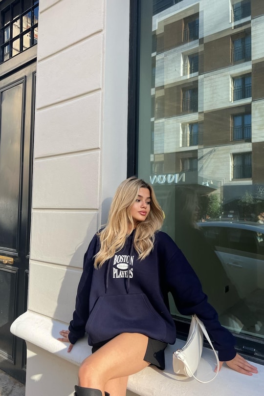 Boston Baskı Kapüşonlu Sweatshirt Lacivert