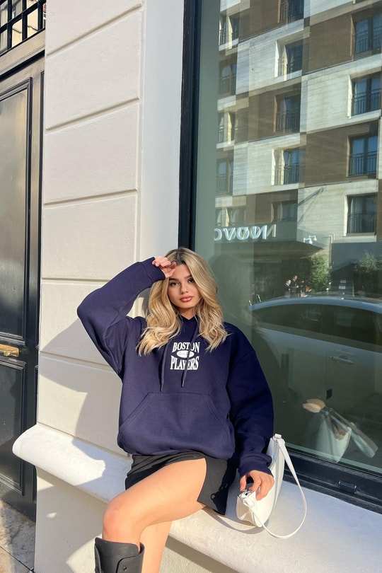 Boston Baskı Kapüşonlu Sweatshirt Lacivert