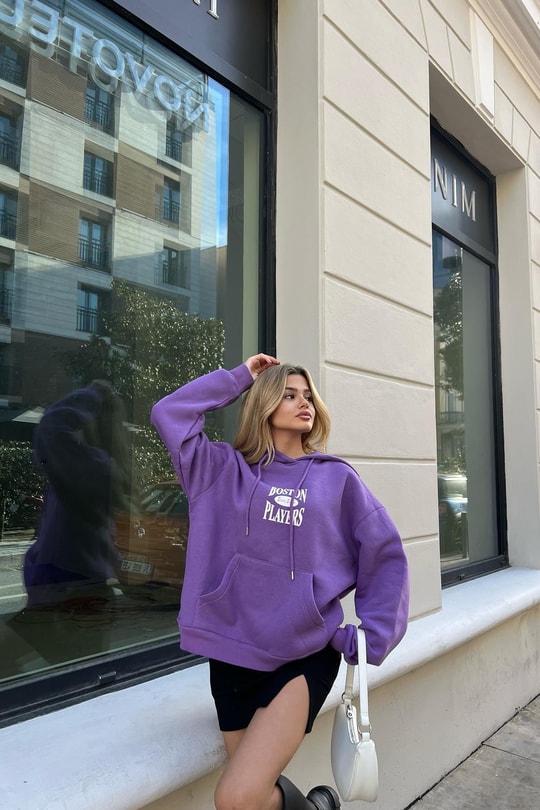 Boston Baskı Kapüşonlu Sweatshirt Mor