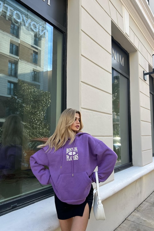 Boston Baskı Kapüşonlu Sweatshirt Mor