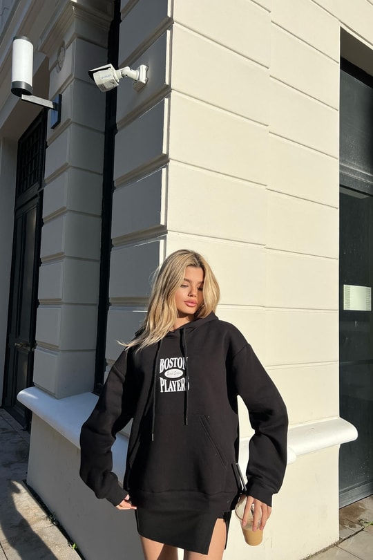Boston Baskı Kapüşonlu Sweatshirt Siyah