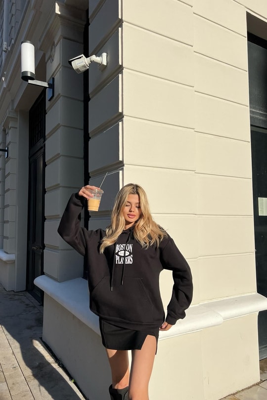 Boston Baskı Kapüşonlu Sweatshirt Siyah