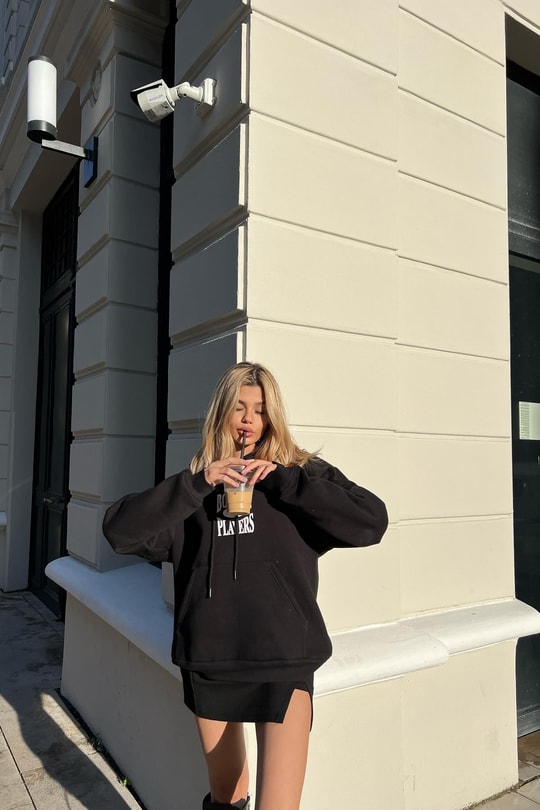 Boston Baskı Kapüşonlu Sweatshirt Siyah