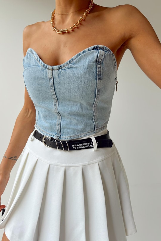 Dikişli Denim Bralet Buz Mavi