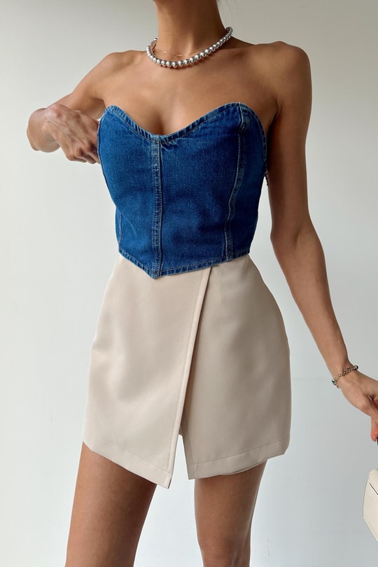 Dikişli Denim Bralet Mavi