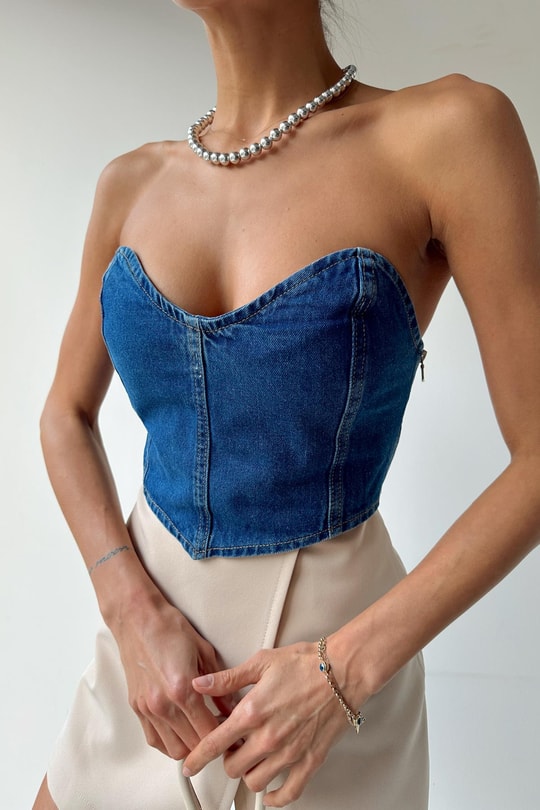Dikişli Denim Bralet Mavi
