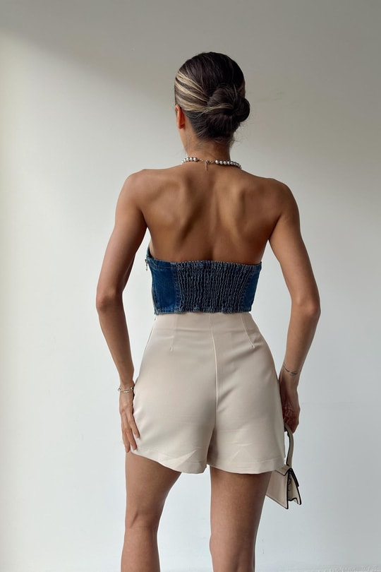 Dikişli Denim Bralet Mavi