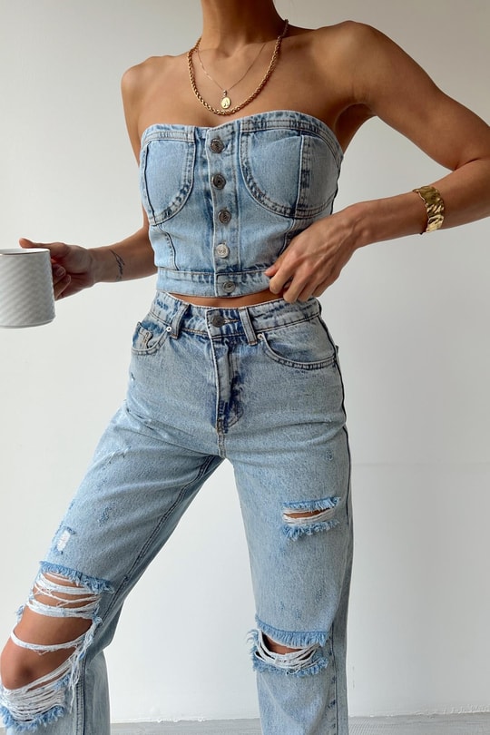 Düğmeli Denim Bra Buz Mavi