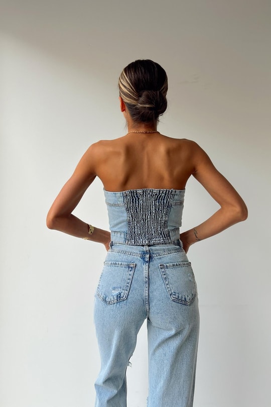 Düğmeli Denim Bra Buz Mavi