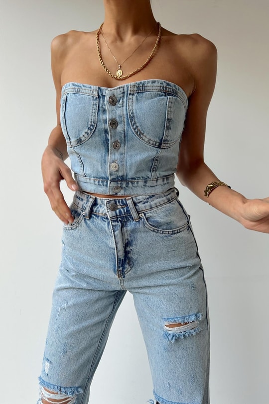 Düğmeli Denim Bra Buz Mavi