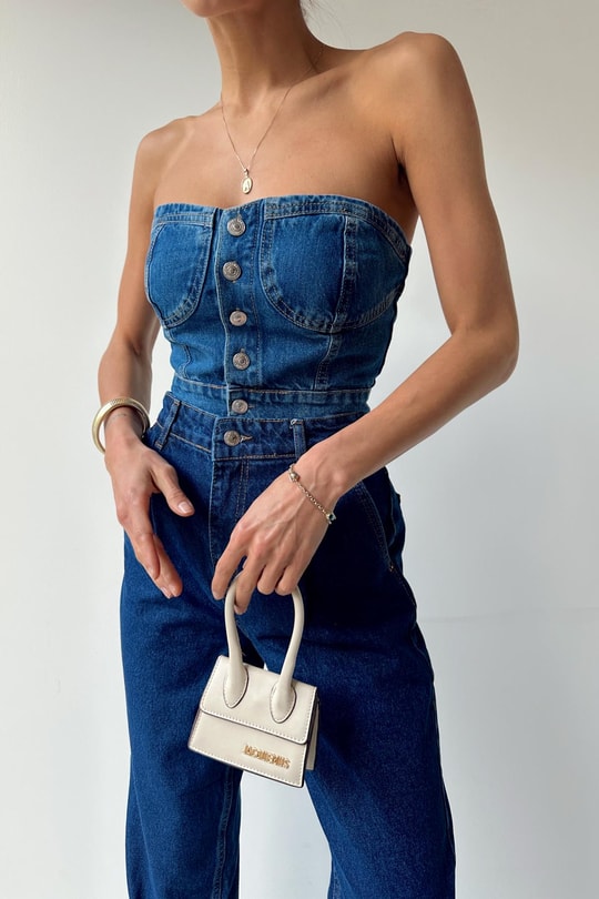 Düğmeli Denim Bra Mavi