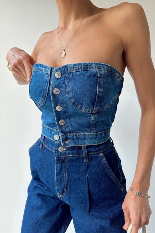 Düğmeli Denim Bra Mavi