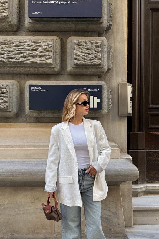 Astarlı Keten Blazer Beyaz