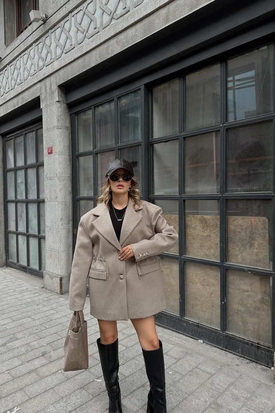 Ayarlanabilir Lastikli Kaşe Blazer Ceket Vizon
