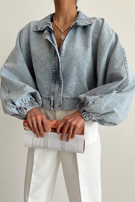 Balon Kol Denim Ceket Buz Mavi