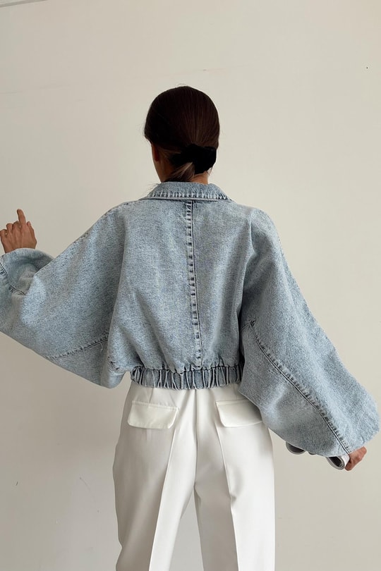 Balon Kol Denim Ceket Buz Mavi