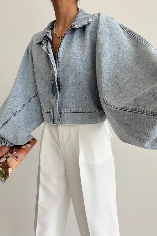 Balon Kol Denim Ceket Buz Mavi