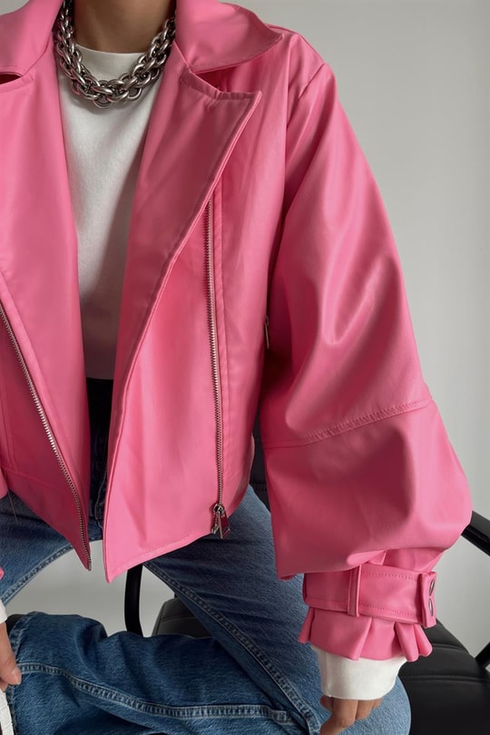 Balon Kollu Deri Biker Ceket Pembe