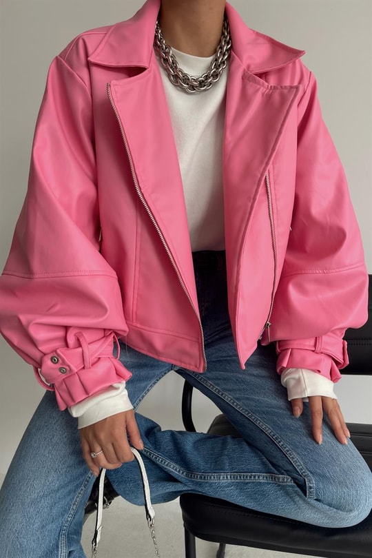 Balon Kollu Deri Biker Ceket Pembe