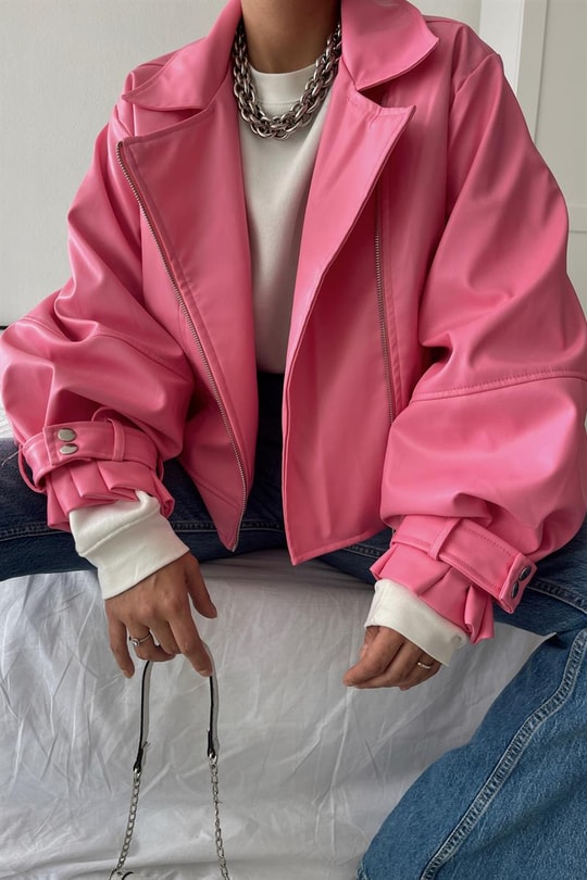 Balon Kollu Deri Biker Ceket Pembe