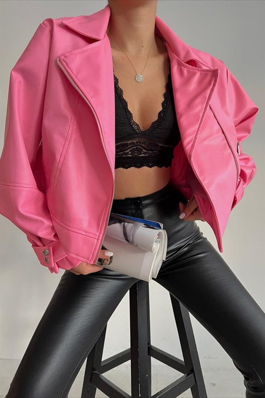 Balon Kollu Deri Biker Ceket Pembe