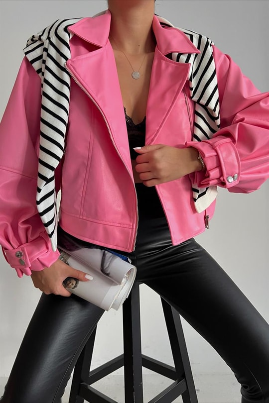Balon Kollu Deri Biker Ceket Pembe