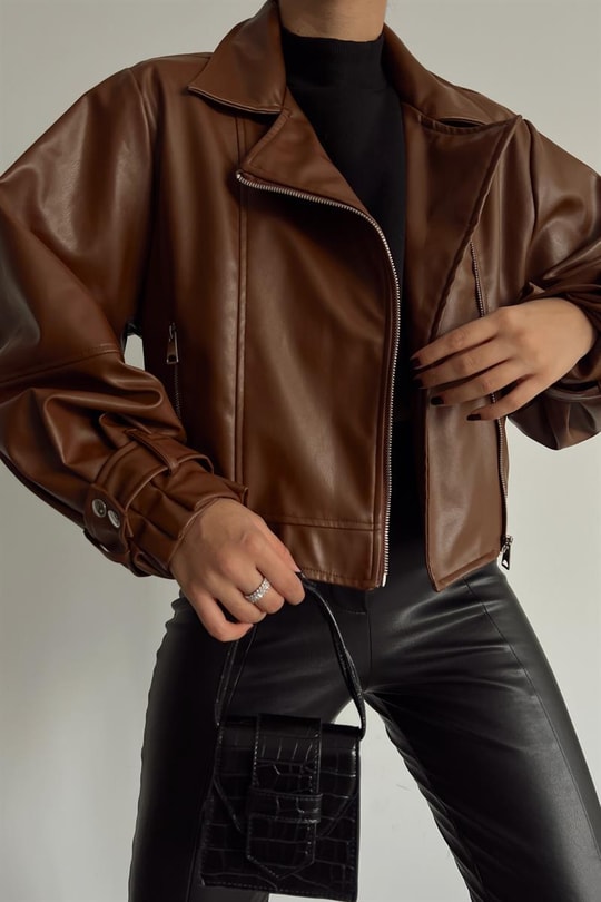 Balon Kollu Deri Biker Ceket Taba